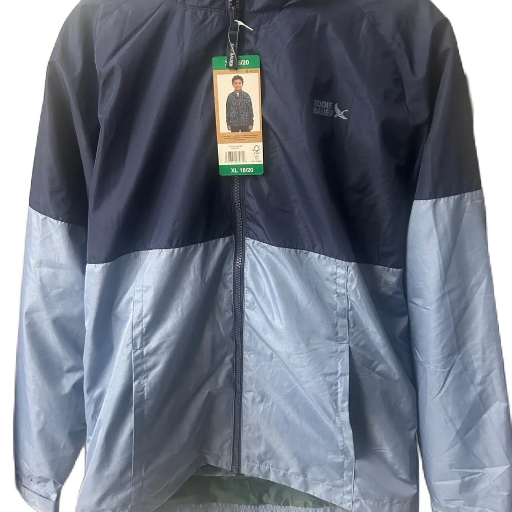 NWT Eddie Bauer Kids Navy and Light Blue Raincoat 3-in-1 Lightweight Jacket